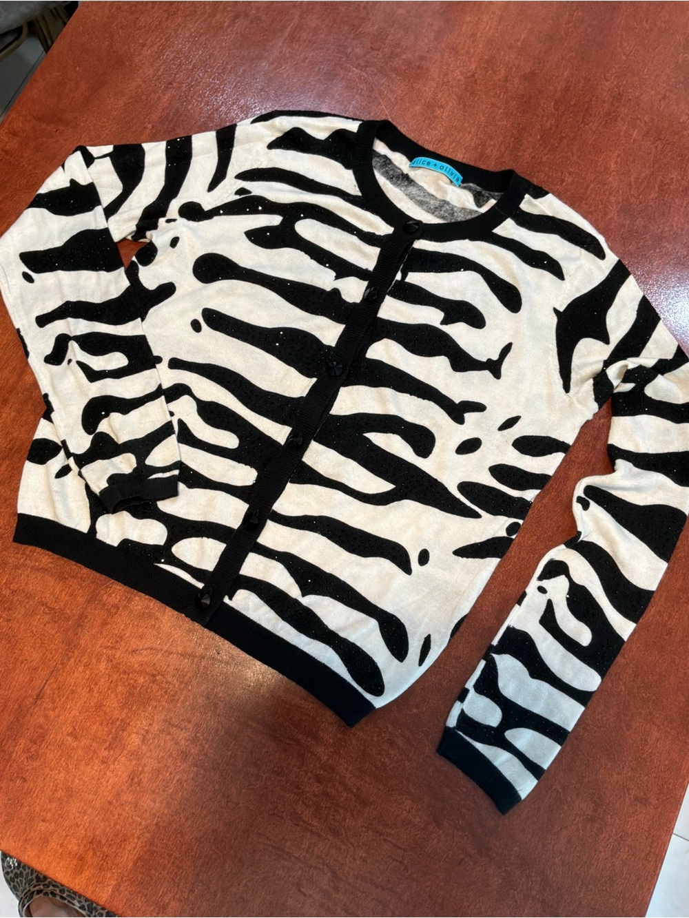 Alice + Olivia Beaded Black and White Zebra-Print Cardigan